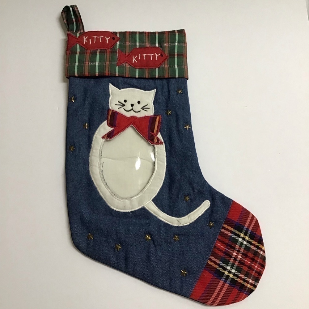 Cat Christmas Stocking Picture Frame Kitten Kitty Pet Applique Plaid Denim Stars - Picture 13 of 13